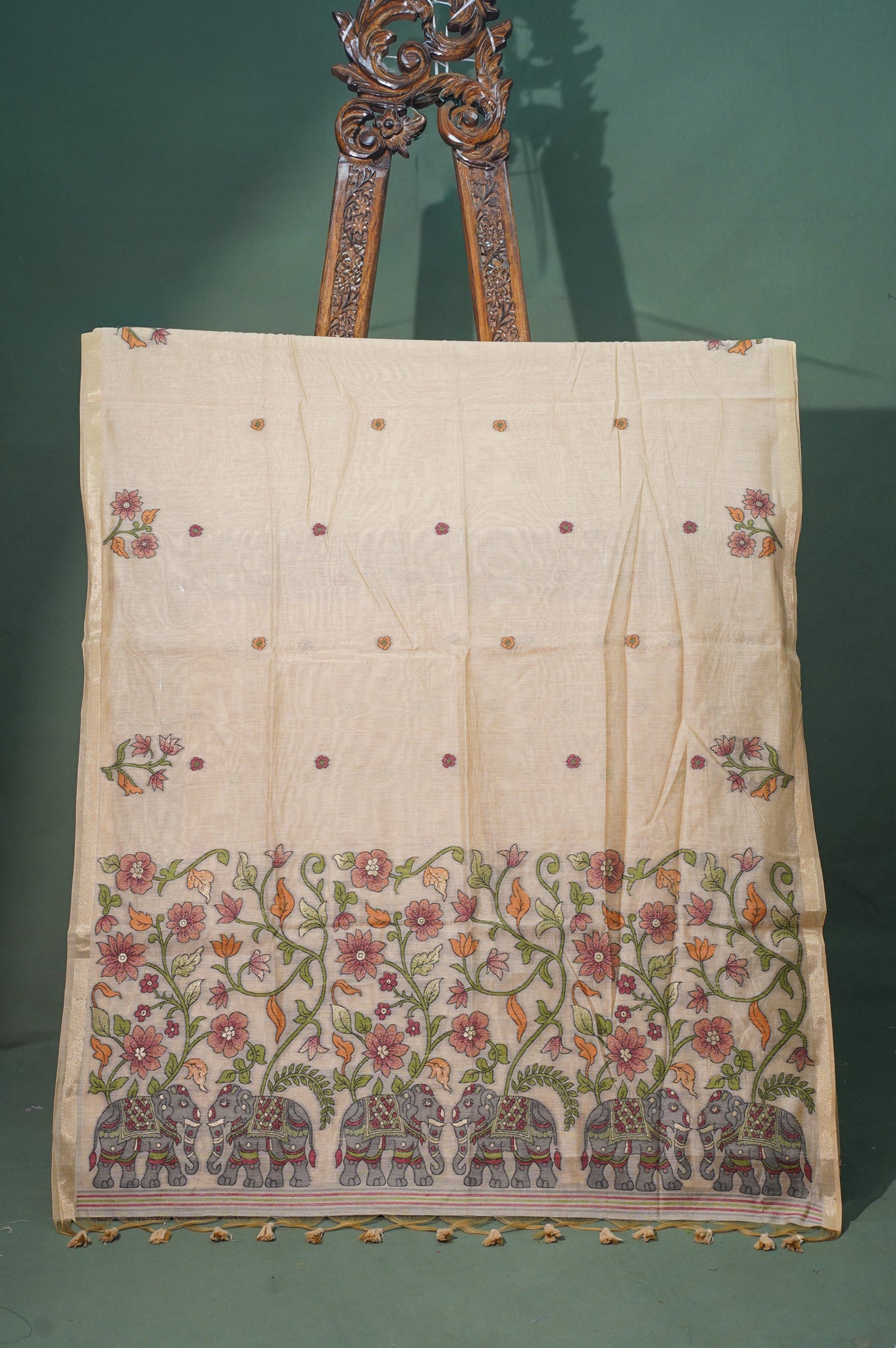 UTSAV BANARAS 331: Khaki Raw Silk Saree with Handwoven Elephant &amp; Floral Pallu