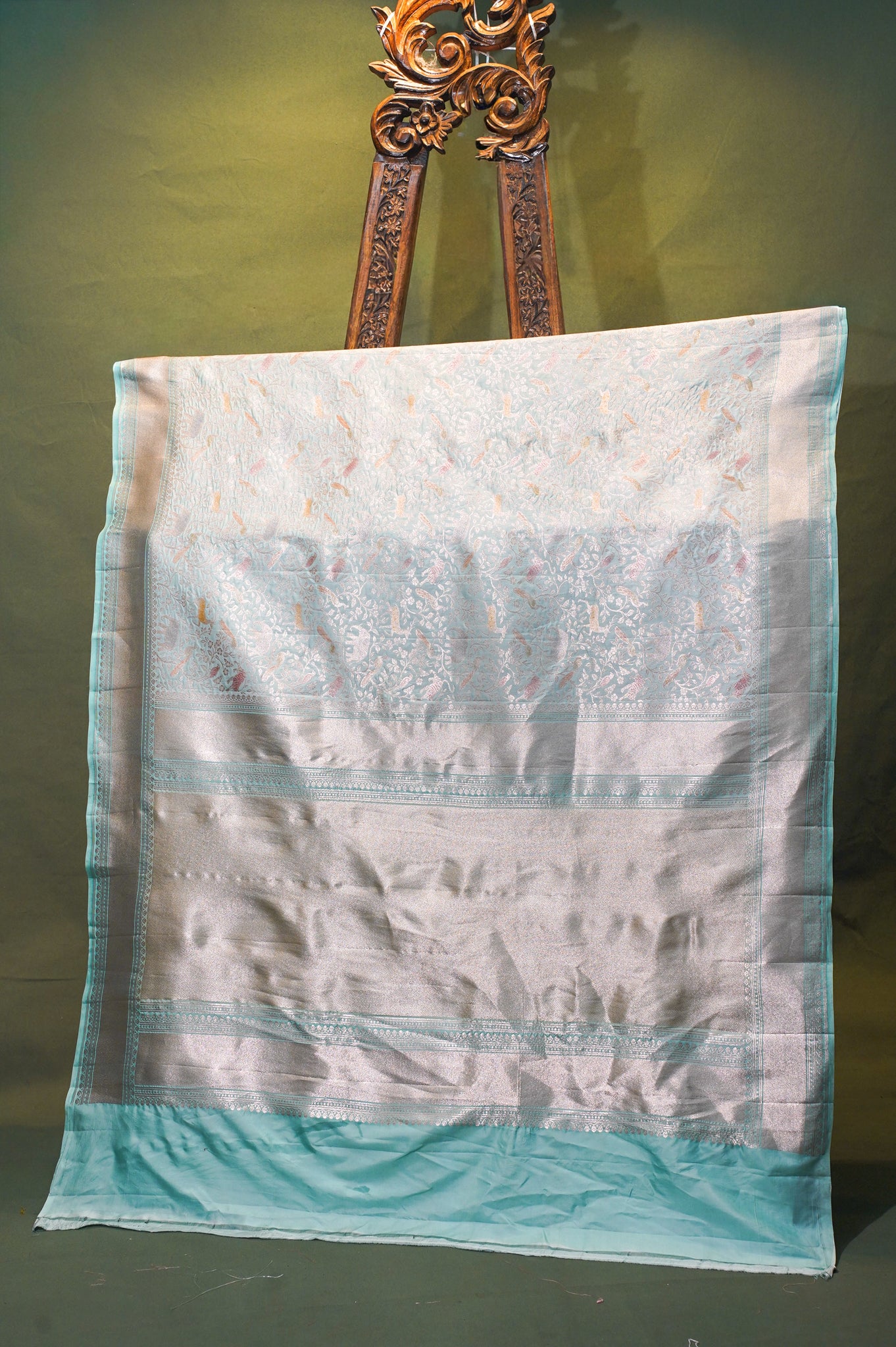 VIRASAT 338: Ice Blue Pure Handloom Katan Silk Saree with Zari Shikargah &amp; Meenakari Work - Silk Mark Certified
