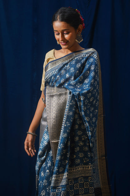 Blue Natural Moonga Georgette Saree with Handloom Border