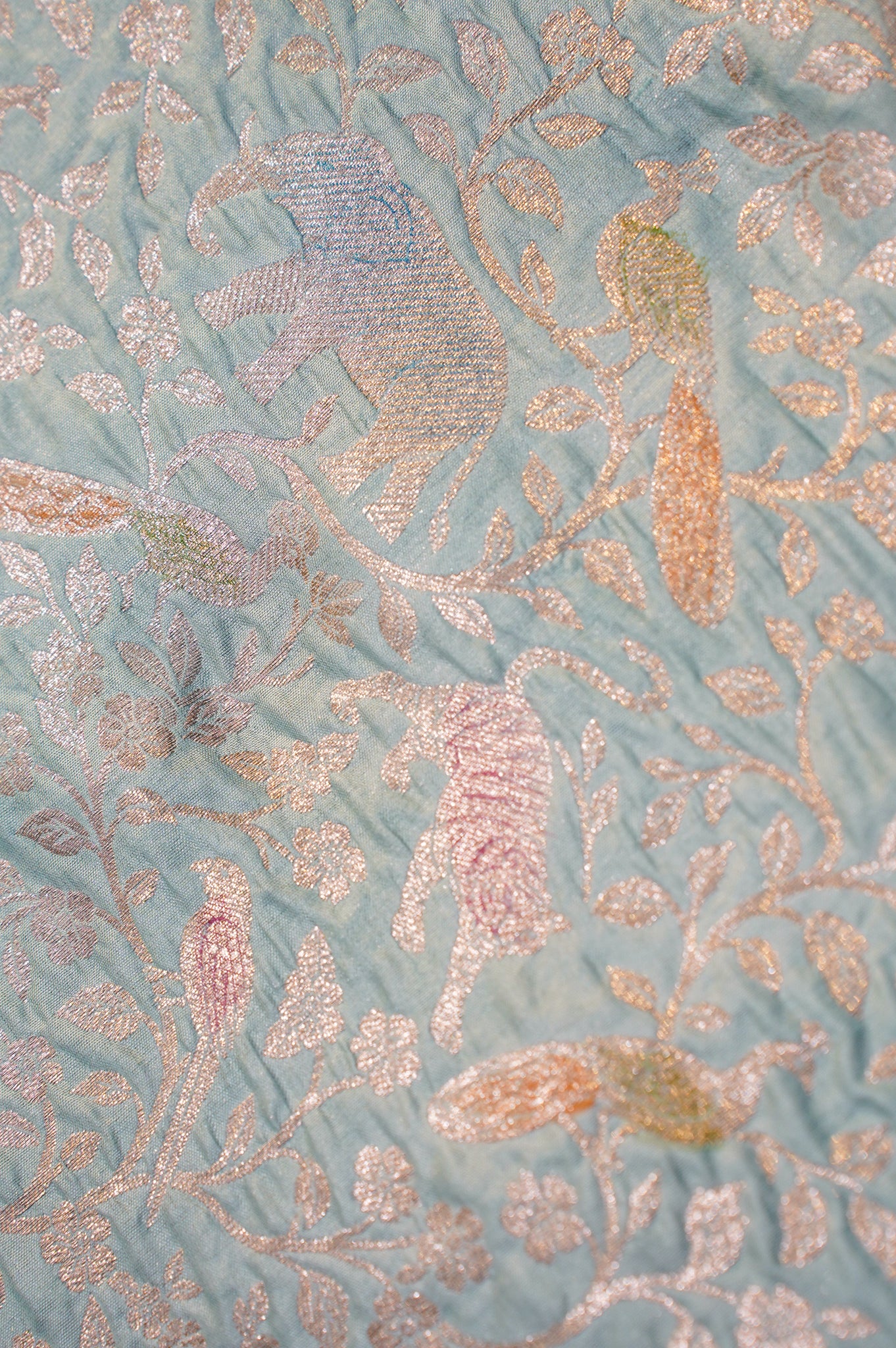 VIRASAT 338: Ice Blue Pure Handloom Katan Silk Saree with Zari Shikargah &amp; Meenakari Work - Silk Mark Certified