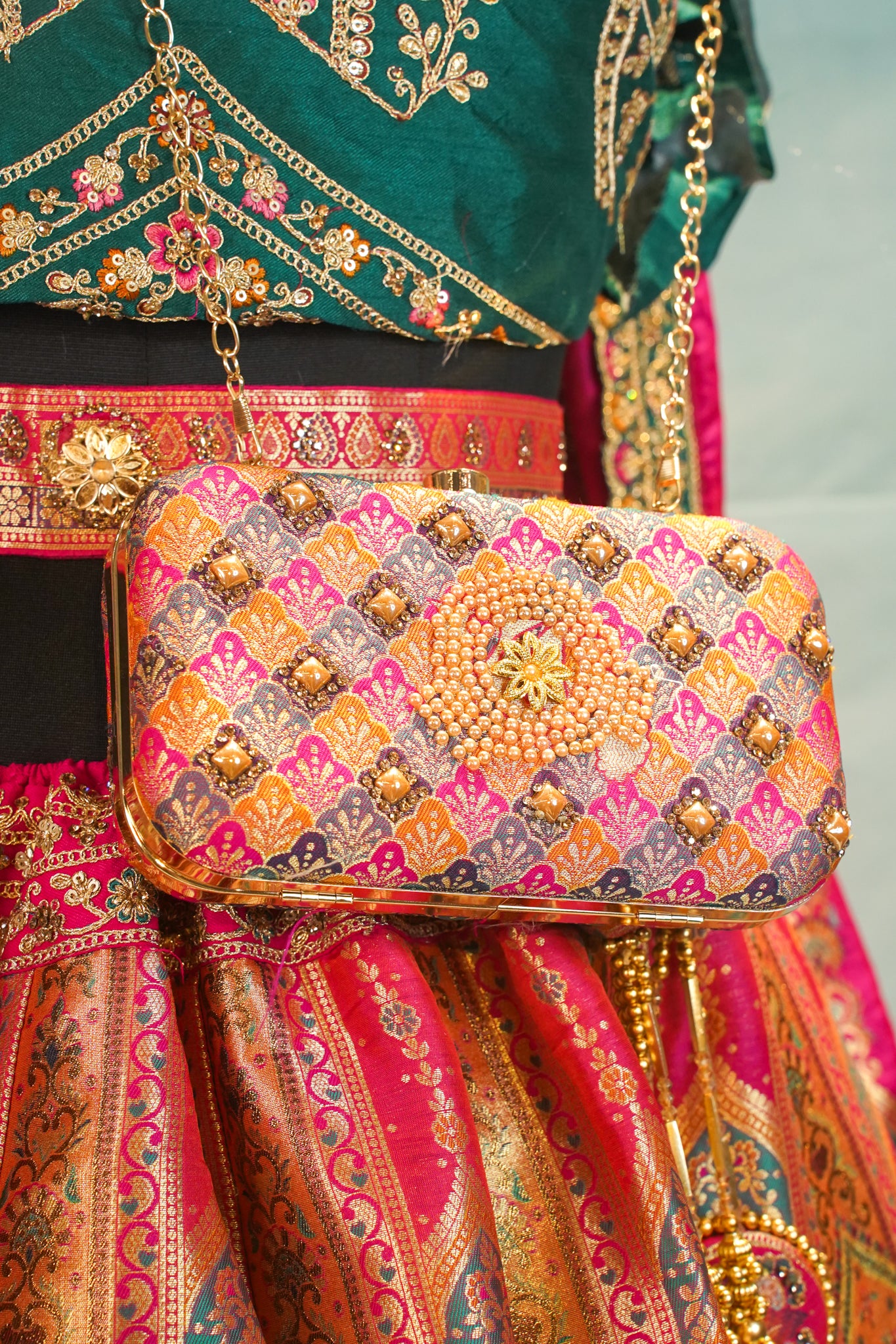 "MANSI 030" Banarasi Traditional Silk Lehenga with Cutwork Border, AD Work & Matching Banarasi Handbag