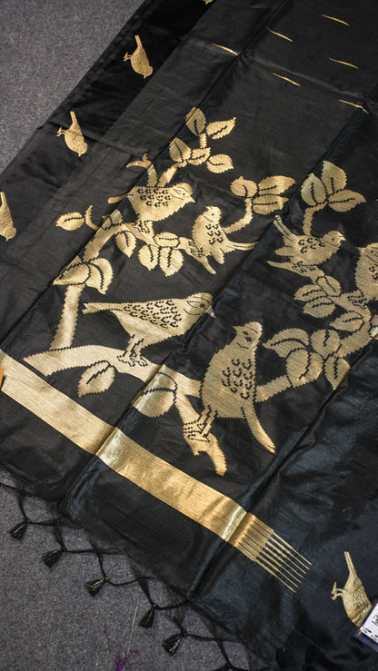 "UTSAV BANARAS 112" Banarasi Black Raw Silk With Bird Border Saree