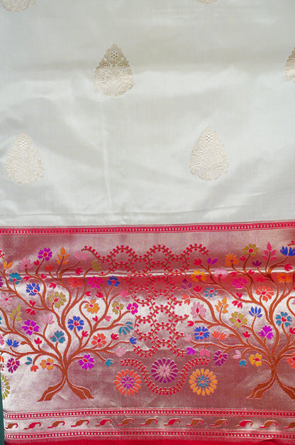 Founder Choice 031: Pearl &amp; Red Pure Handloom Katan Silk Saree with Kadiyal Border| Silk Mark Certified