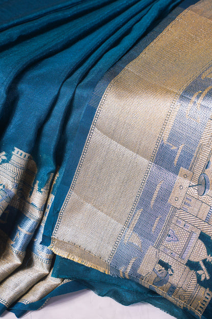 "UTSAV BANARAS 003E" Banarasi Teal Blue Kashi Ghat Pattern Silk Saree With Pictorial Border