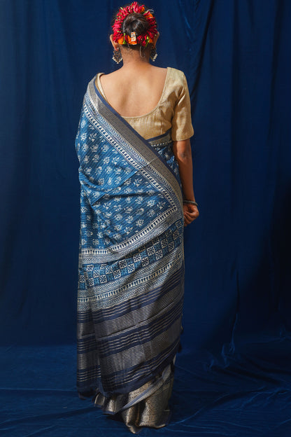 Blue Natural Moonga Georgette Saree with Handloom Border