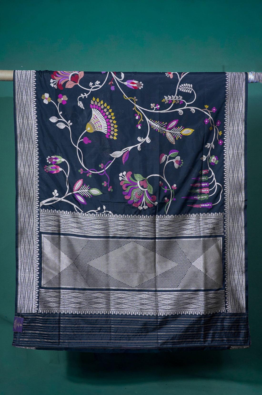 Founder Choice 035: Midnight Black Pure Handloom Katan Silk Saree with Meenakari Tulip Motifs