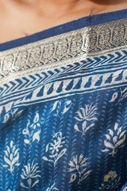 Blue Natural Moonga Georgette Saree with Handloom Border