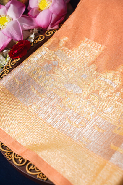 Peach Kashi Ghat Pattern Banarasi silk saree