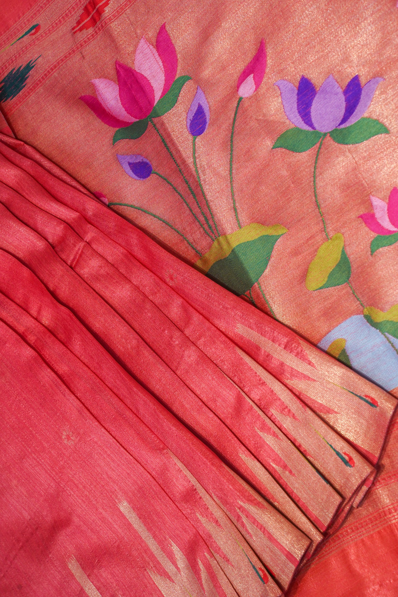"UTSAV BANARAS 168" Banarasi Coral-Red Cotton Tissue With Kamal Butta Silk Saree