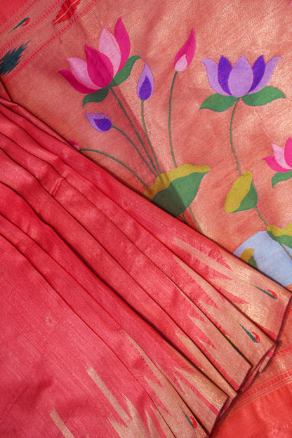 "UTSAV BANARAS 168" Banarasi Coral-Red Cotton Tissue With Kamal Butta Silk Saree