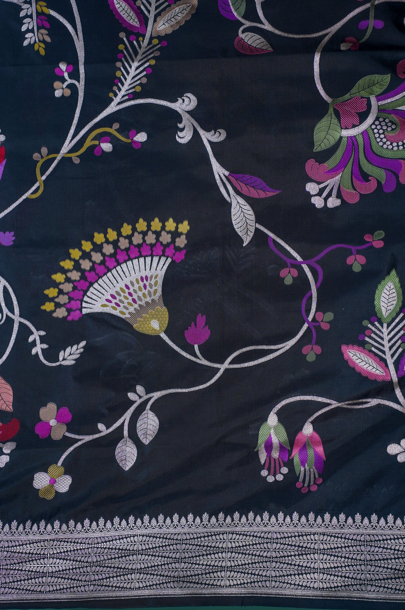 Founder Choice 035: Midnight Black Pure Handloom Katan Silk Saree with Meenakari Tulip Motifs