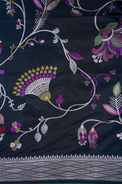 Founder Choice 035: Midnight Black Pure Handloom Katan Silk Saree with Meenakari Tulip Motifs