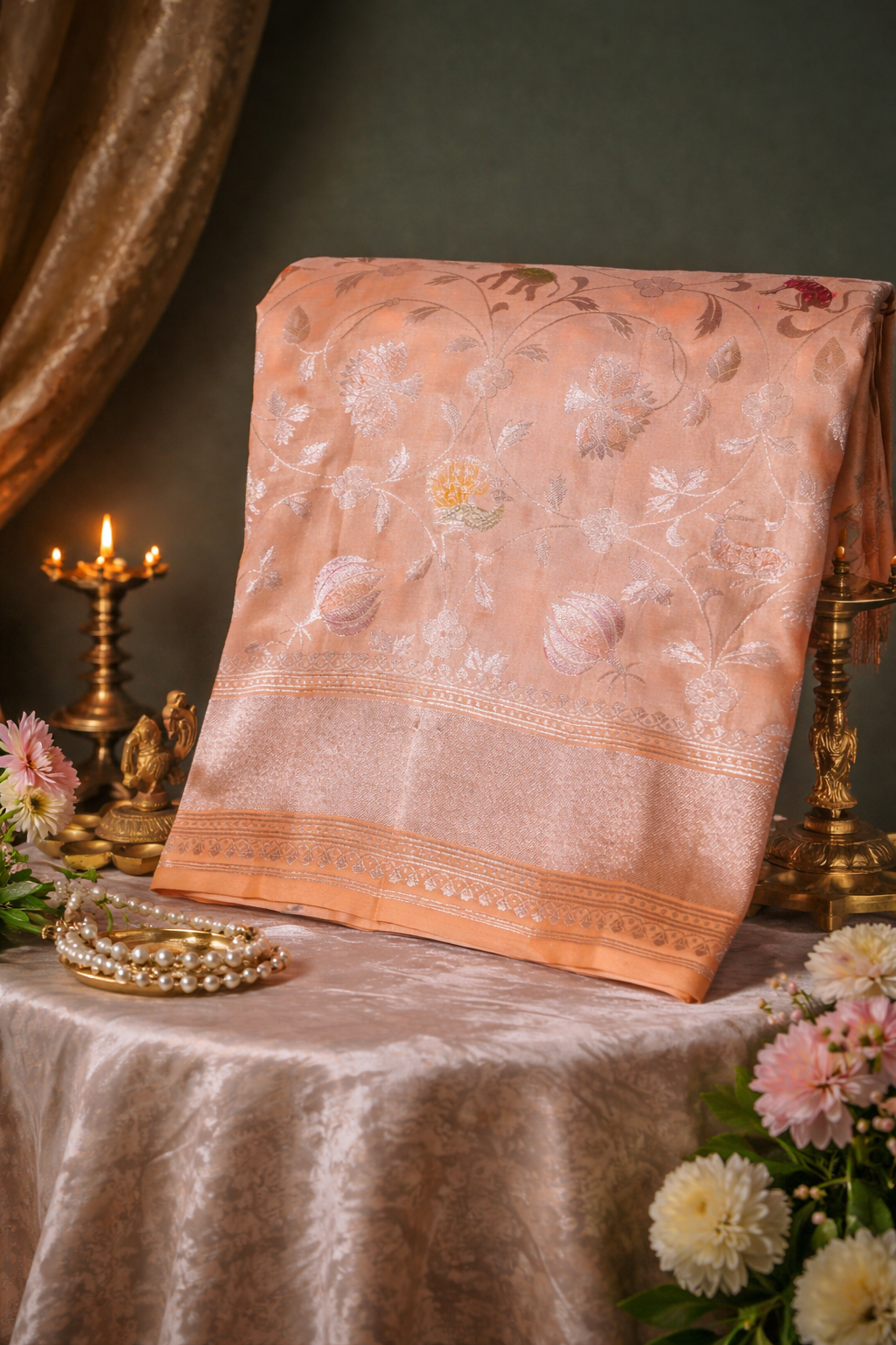 VIRASAT 334: Dusty Coral Pure Handloom Katan Silk Saree with Zari Shikargah &amp; Meenakari Work - Silk Mark Certified