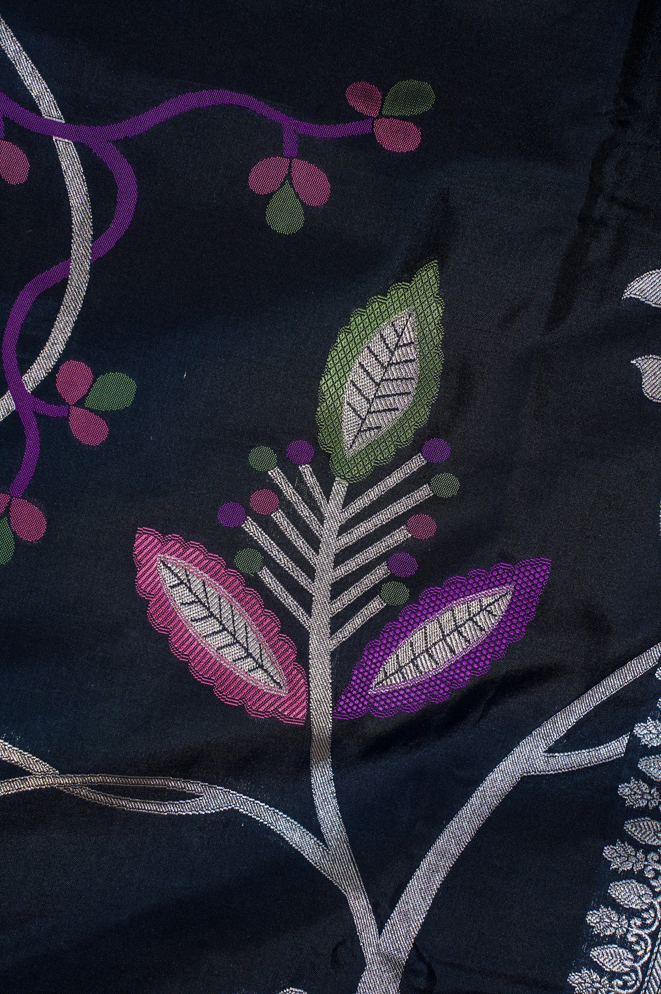 Founder Choice 035: Midnight Black Pure Handloom Katan Silk Saree with Meenakari Tulip Motifs