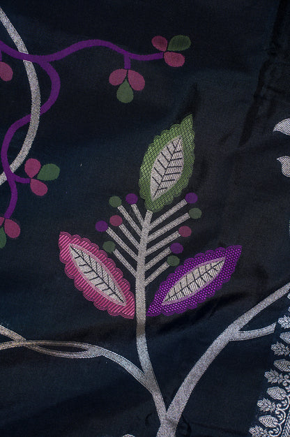 Founder Choice 035: Midnight Black Pure Handloom Katan Silk Saree with Meenakari Tulip Motifs
