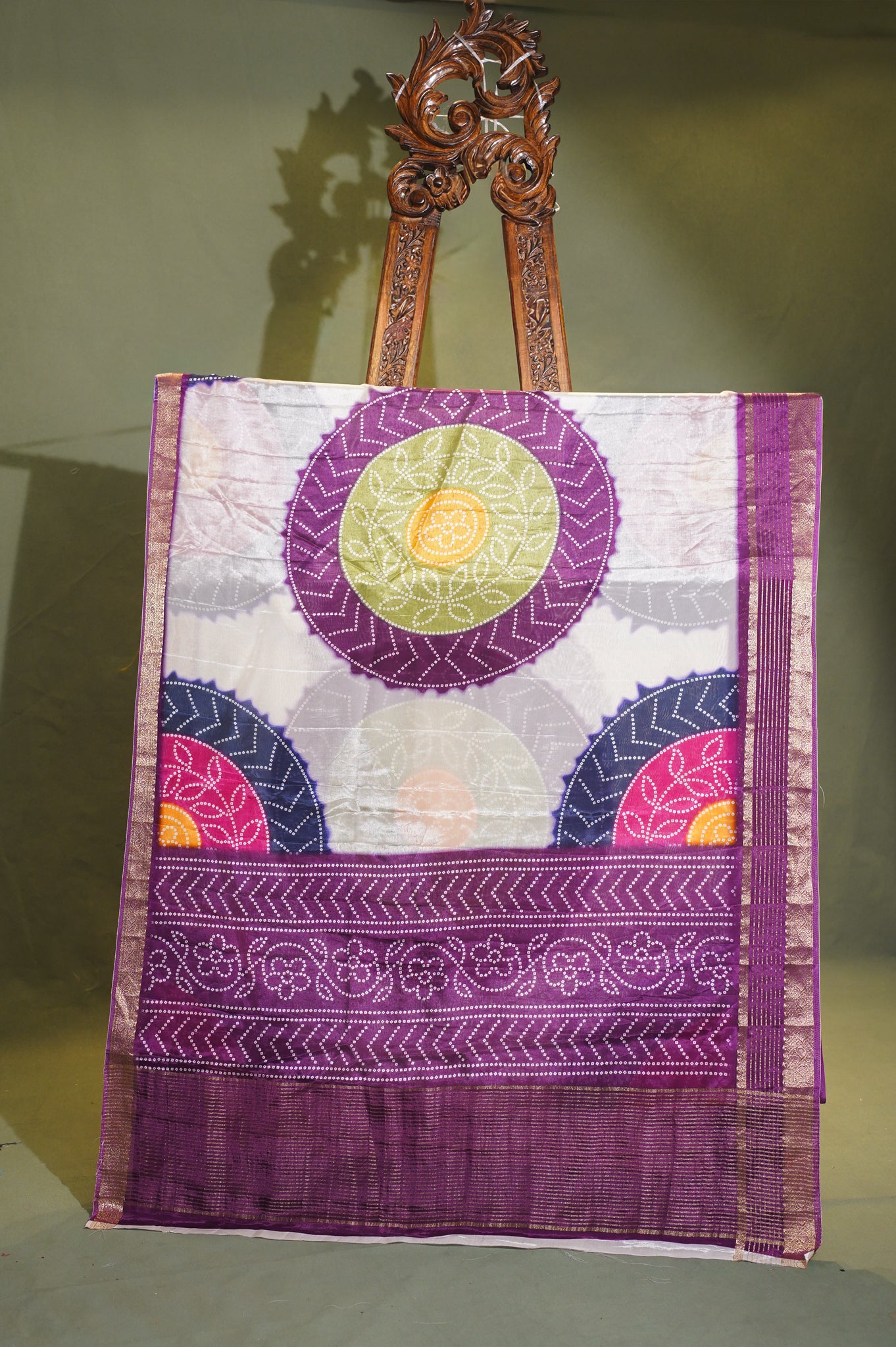 Waah Banaras 071 Creamy White &amp; Purple Malai Silk Saree with Chunari Mandala Print &amp; Zari Border