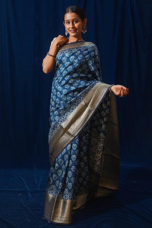 Blue Natural Moonga Georgette Saree with Handloom Border