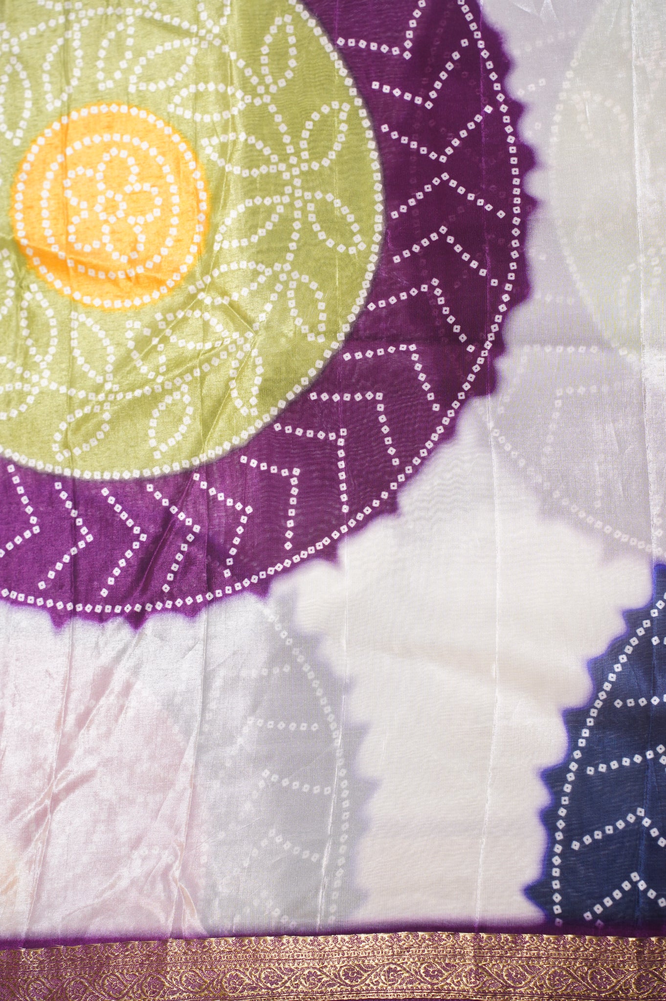 Waah Banaras 071 Creamy White &amp; Purple Malai Silk Saree with Chunari Mandala Print &amp; Zari Border