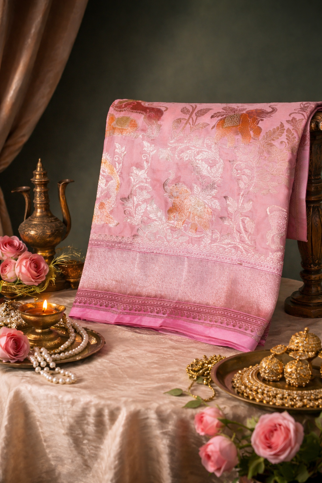 VIRASAT 332: Dusty Pink Pure Handloom Katan Silk Saree with Zari Shikargah &amp; Meenakari Work - Silk Mark Certified