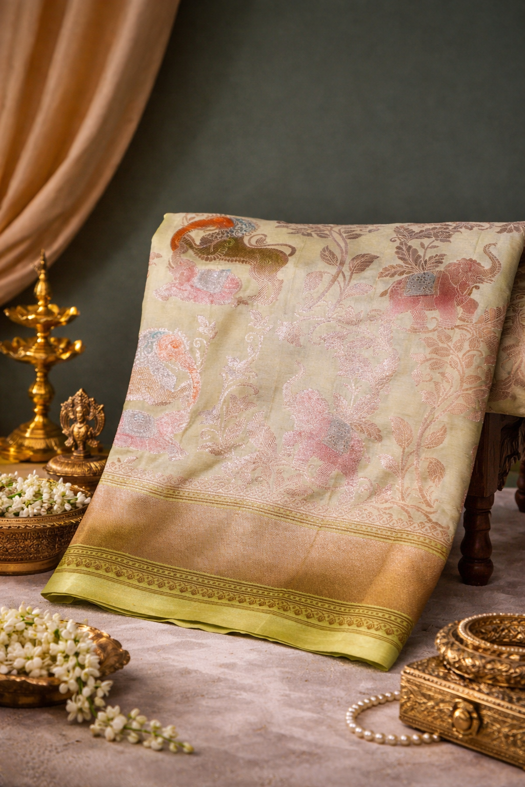 VIRASAT 335: Pastel Green Pure Handloom Katan Silk Saree with Zari Shikargah &amp; Meenakari Work - Silk Mark Certified