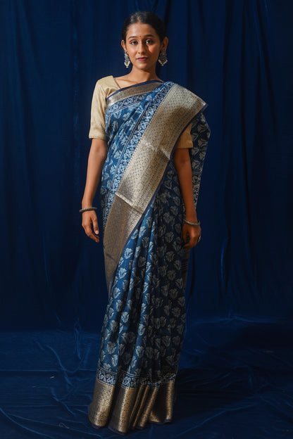 Blue Natural Moonga Georgette Saree with Handloom Border