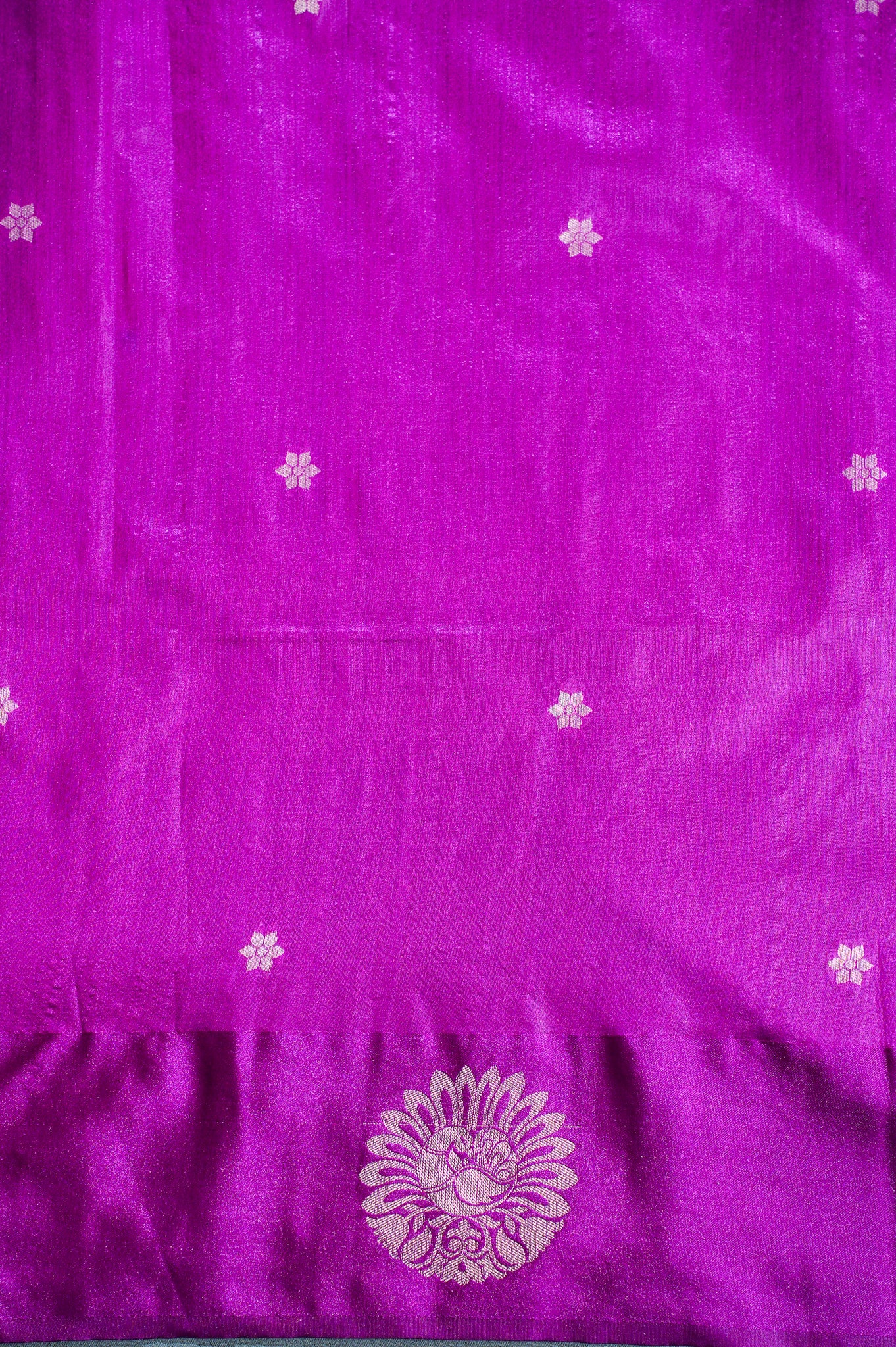 "UTSAV BANARAS 229" Banarasi Magenta Raw Silk Saree With Silver Zari Peacock &amp; Tree Motifs