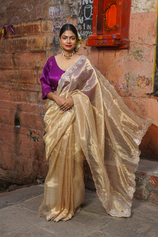 Golden Pure Banarasi Tissue Silk Saree With Pitta Work