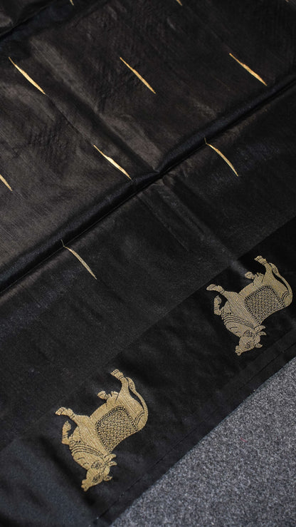 "UTSAV BANARAS 108" Banarasi Black Raw Silk With Nandi Border Saree