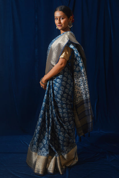 Blue Natural Moonga Georgette Saree with Handloom Border