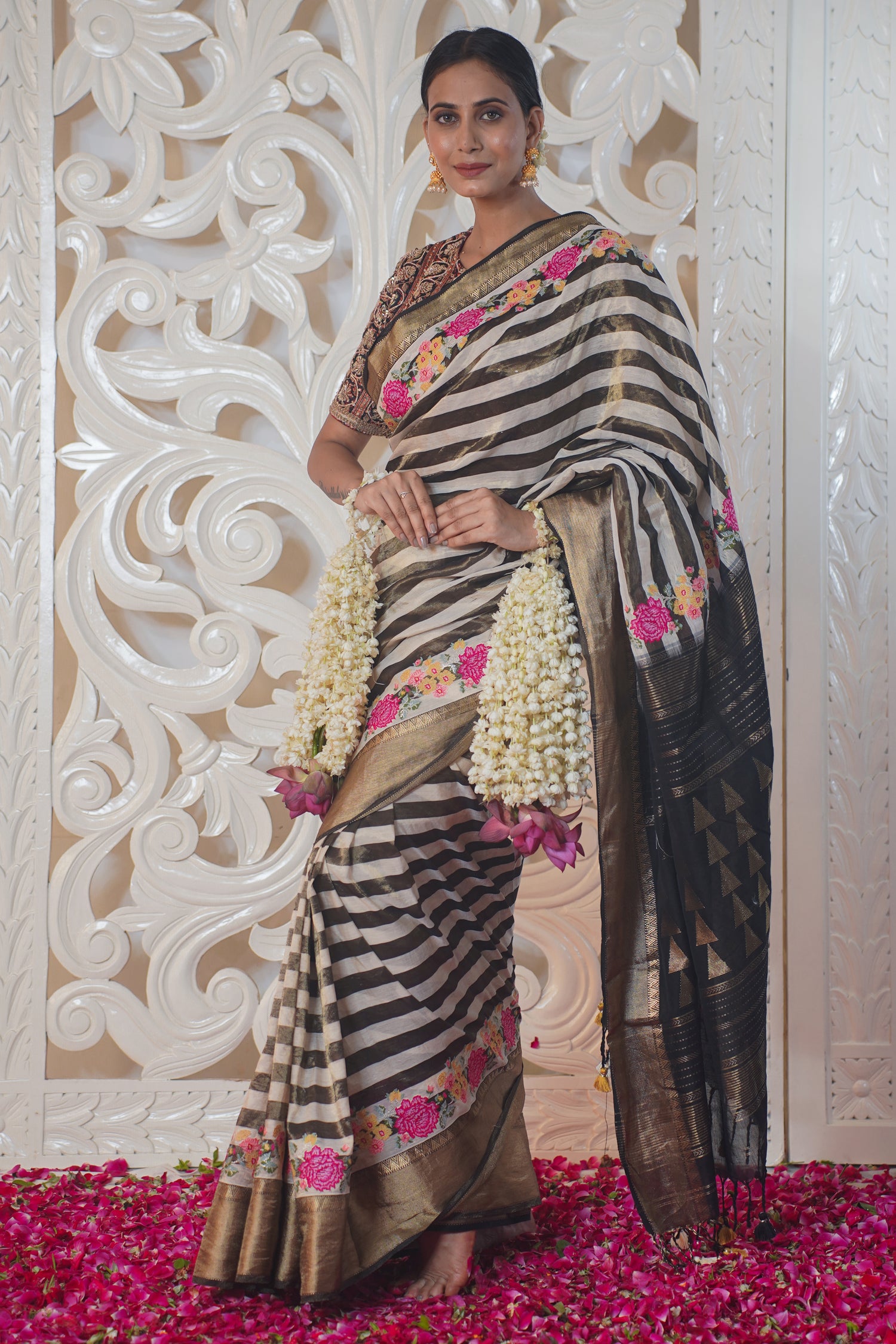 VIRASAT 326: Black and White Stripe Pattern Pure Banarasi Silk Saree