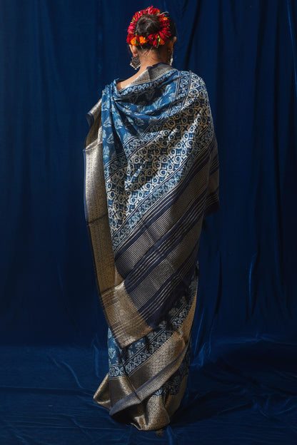 Blue Natural Moonga Georgette Saree with Handloom Border