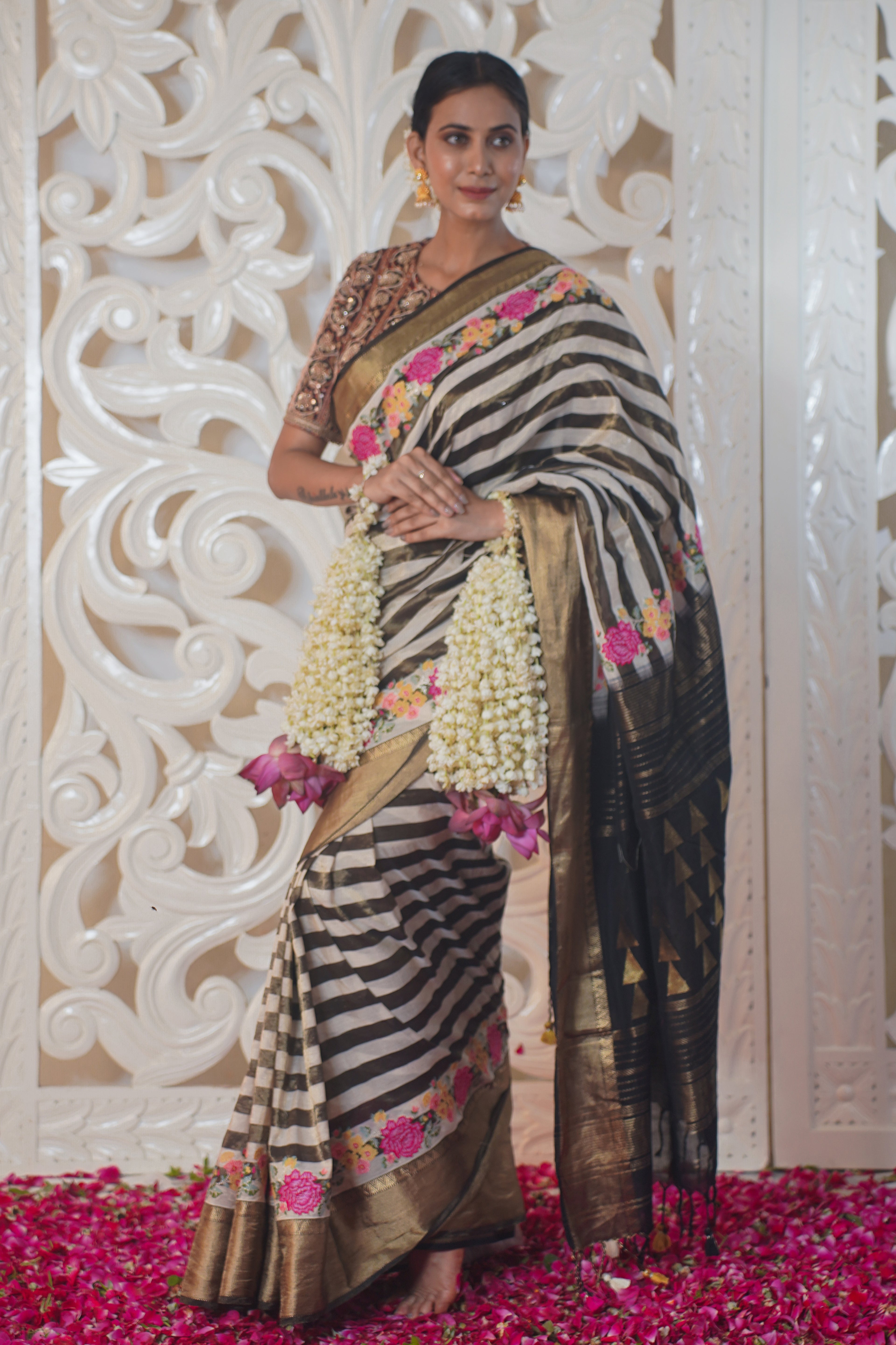 VIRASAT 326: Black and White Stripe Pattern Pure Banarasi Silk Saree