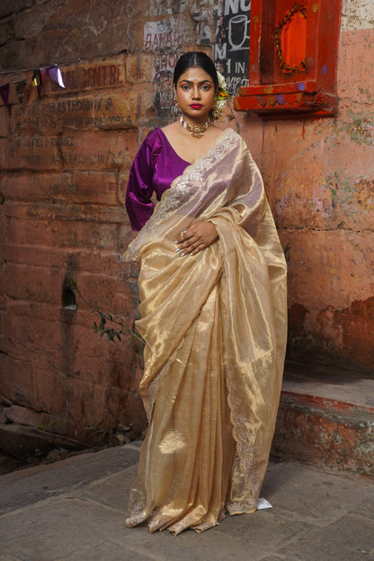 Golden Pure Banarasi Tissue Silk Saree With Pitta Work