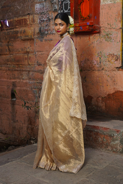 Golden Pure Banarasi Tissue Silk Saree With Pitta Work