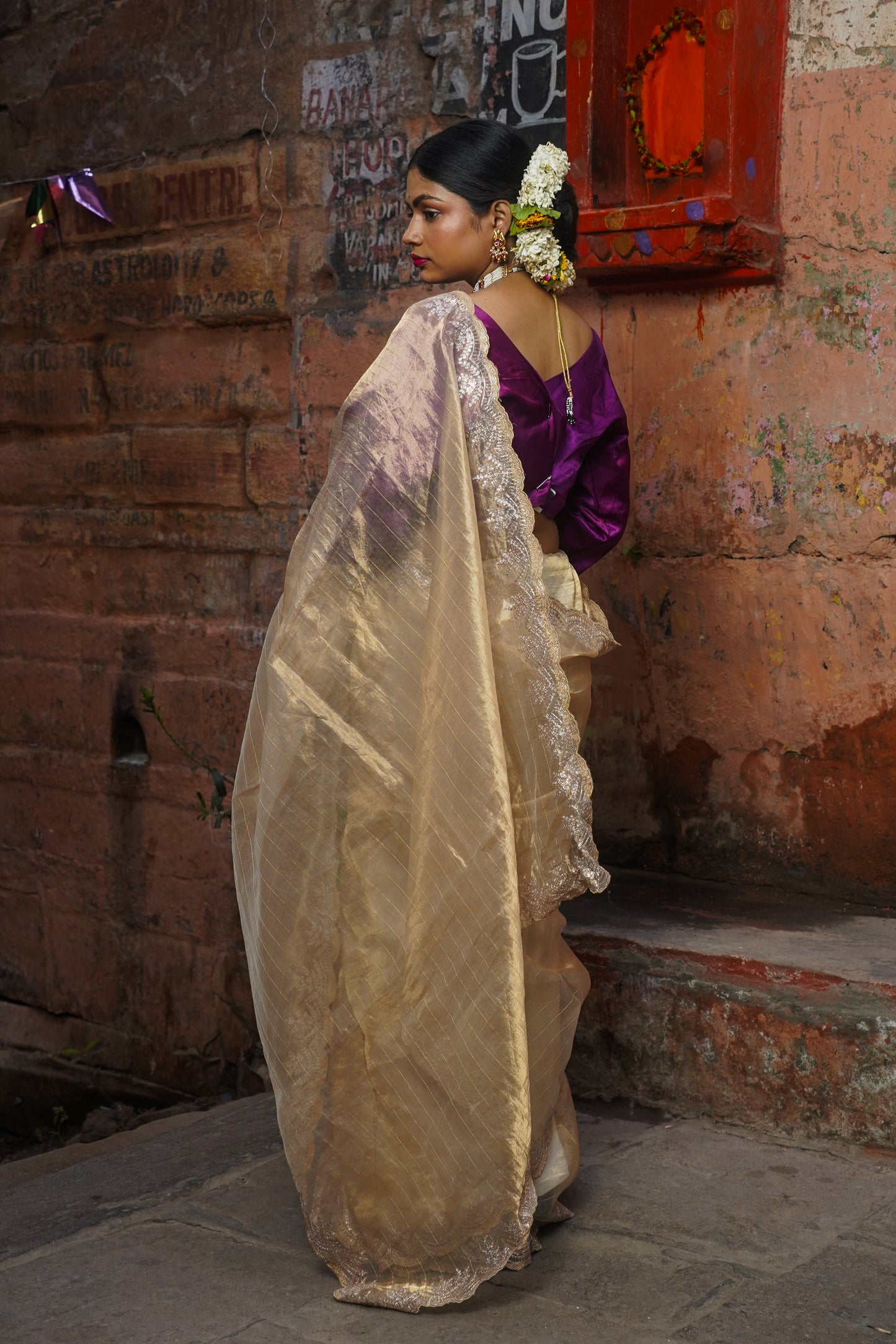 Golden Pure Banarasi Tissue Silk Saree With Pitta Work