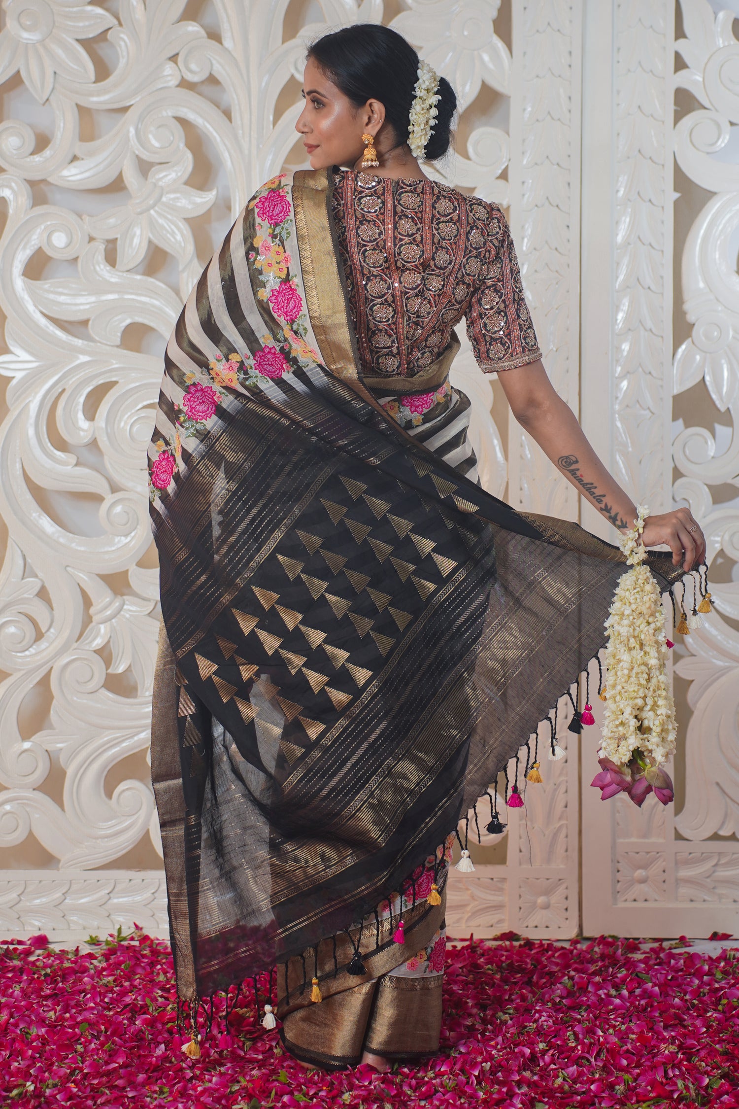 VIRASAT 326: Black and White Stripe Pattern Pure Banarasi Silk Saree