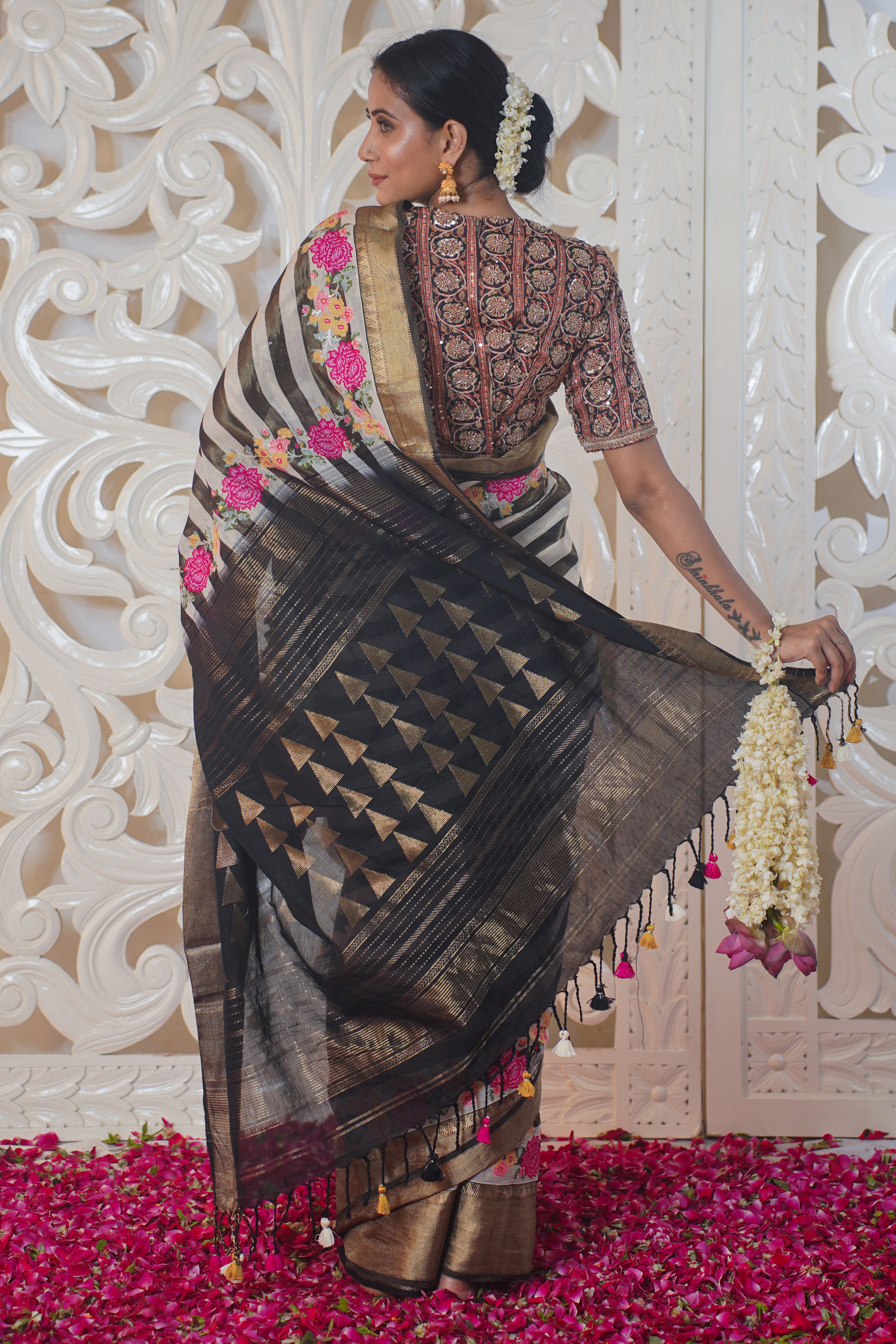 VIRASAT 326: Black and White Stripe Pattern Pure Banarasi Silk Saree