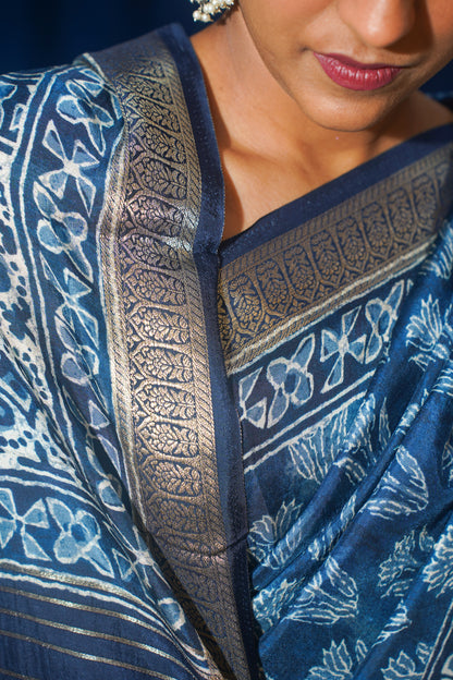 Blue Natural Moonga Georgette Saree with Handloom Border