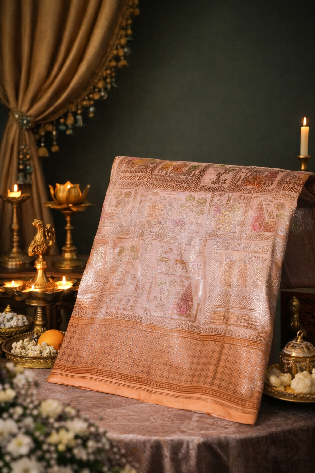 VIRASAT 337: Pastel Orange Pure Handloom Katan Silk Saree with Zari Shikargah &amp; Meenakari Work - Silk Mark Certified