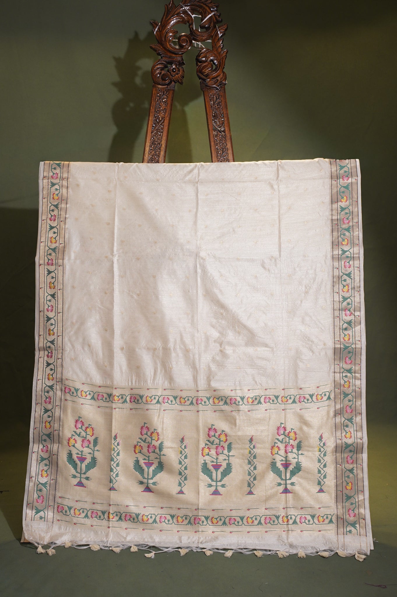 Utsav Banaras 323 Pearl White Raw Silk Saree with Zari Meenakari Palla &amp; Border