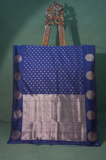 UTSAV BANARAS 327: Indigo Banarasi Raw Silk Saree with Small Zari Buti, Zari Pallu &amp; Mandala Border
