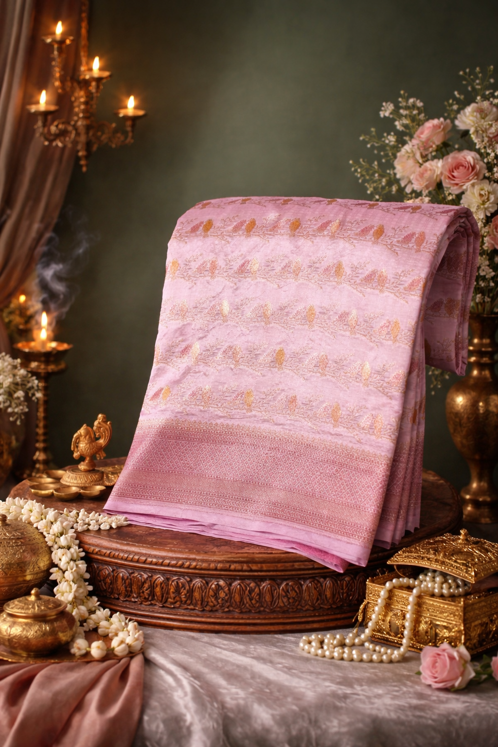 VIRASAT 342: Banarasi Baby Pink Tissue Silk Handwork Saree With Love Bord Motif