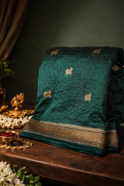 Virasat 350: Emerald Pure Silk Chunari Zari Checks Saree with Animal Motif