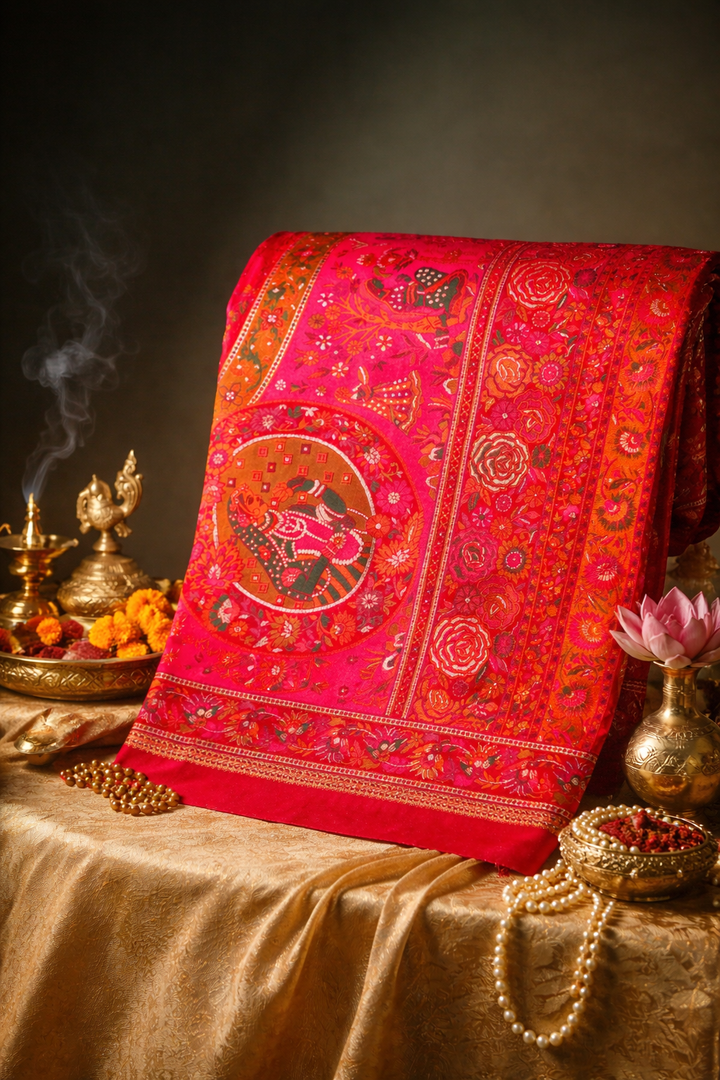WAAH BANARAS 074:  Pure Red Pashmina Silk Saree with Artistic Meenakari Work With Beautiful Pallu