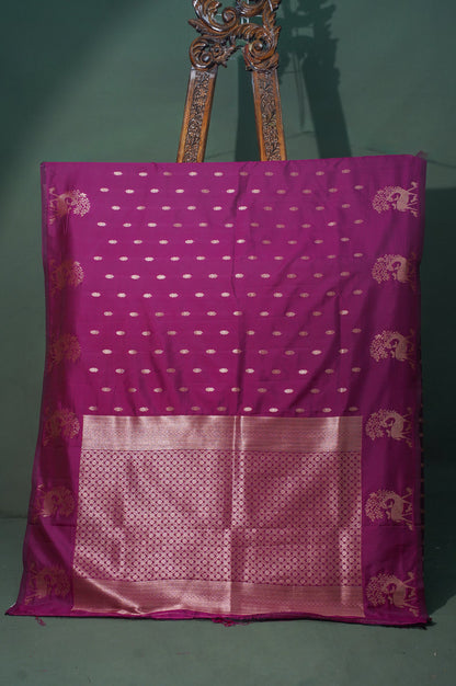 UTSAV BANARAS 329: Maroon Banarasi Raw Silk Saree with Small Zari Buti, Zari Pallu &amp; Mandala Border