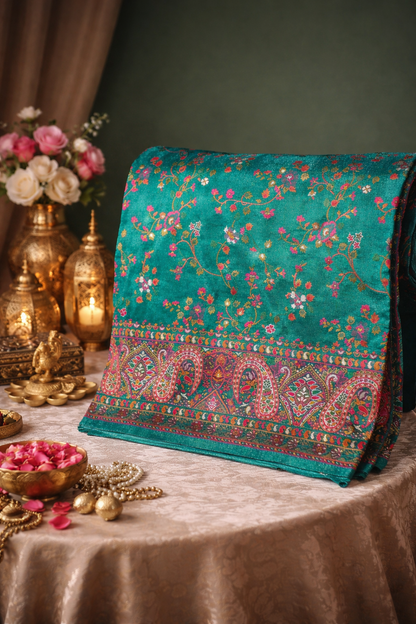 WAAH BANARAS 075: Sea Green Pashmina Silk Saree with Artistic Meenakari Work With Beautiful Pallu