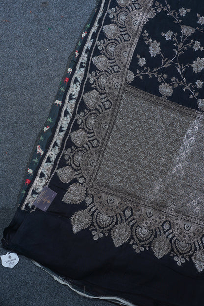 "VIRASAT 144" Black Pure Banarasi Silk Saree With Golden Zari Work