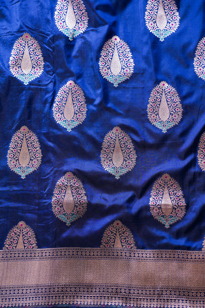 "VIRASAT 03A" Banarasi Royal Blue Pure Handloom Katan Silk Saree Featuring All Over Meenakari Buta Motifs (Celebrity Edition)