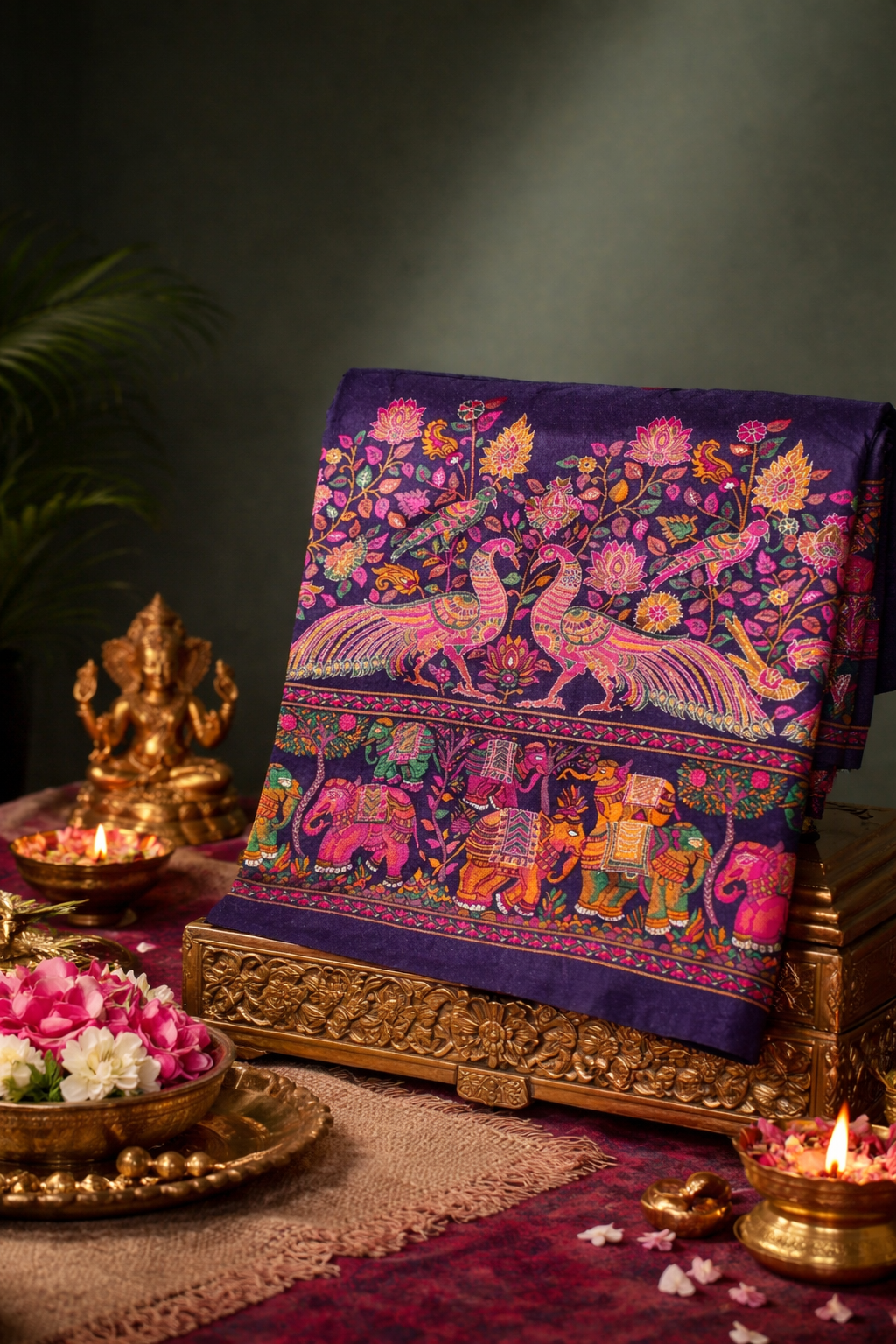 WAAH BANARAS: 131 Ink Blue Pashmina Silk Saree with Artistic Meenakari Work With Beautiful Pallu