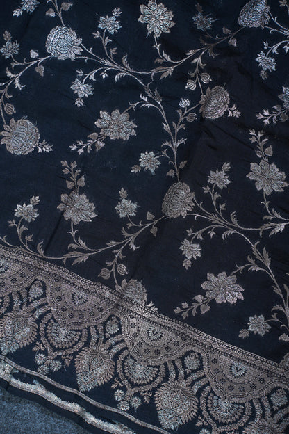 "VIRASAT 144" Black Pure Banarasi Silk Saree With Golden Zari Work